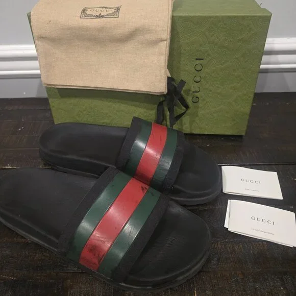 GUCCI SLIDES MEN\'S USED WITH BOX GUCCI Mens Web Criss Cross Canvas Slides Sandals EU 39  main image 4